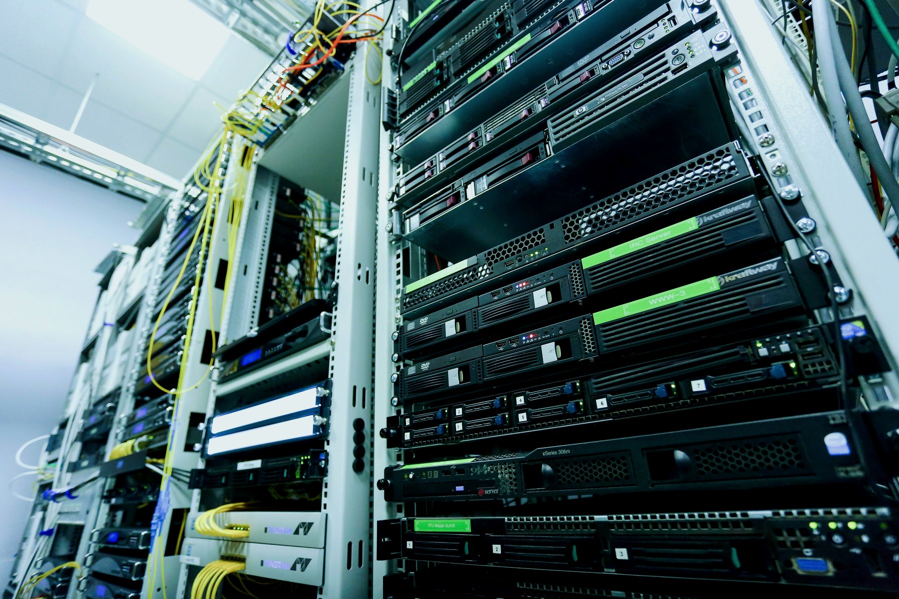 Production servers in a rack with labeled network cables
